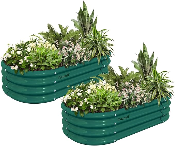 2 Pack 4x2x1FT Galvanized Raised Garden Bed Kit Oval Metal Ground Planter Box Outdoor Bottomless Planter Raised Beds for Vegetables Flowers Herbs Fruits, Green-Ruum Studio Home