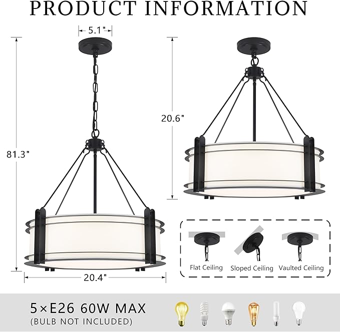 20.4''Drum Chandelier,5-Light Fabric Modern Chandeliers,Black Farmhouse Round Pendant Light Fixture for Dining Room Kitchen Island Living Room Bedroom Hallway-Ruum Studio Home