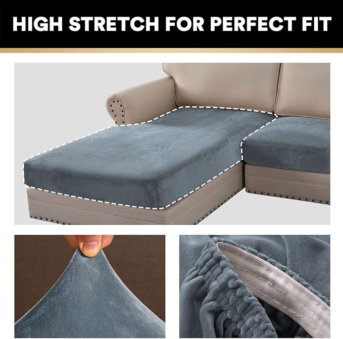 PrinceDeco 4-Piece Sectional Couch Cover Set - Thick Chaise & Couch Cushion Covers with Elastic Band for L-Shape Sofa, 3 Seater + 1 Chaise, Stone Blue-Ruum Studio Home