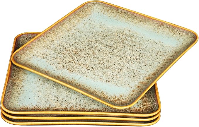 Ceramic Dinner Plates Dish Set,Set of 4,for Lunch snacks -Microwave Oven & Dishwasher Safe,Scratch Resistant,Dinnerware Kitchen Porcelain Serving Dishes,9 inch Square-Ruum Studio Home