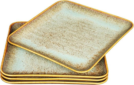 Ceramic Dinner Plates Dish Set,Set of 4,for Lunch snacks -Microwave Oven & Dishwasher Safe,Scratch Resistant,Dinnerware Kitchen Porcelain Serving Dishes,9 inch Square-Ruum Studio Home