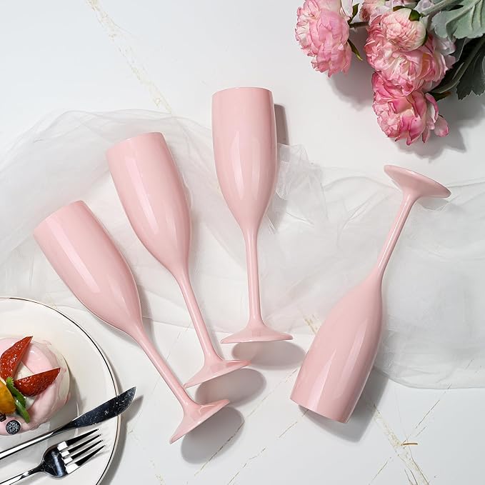 XUWAIDSGN Acrylic Champagne Flutes Toasting Glasses Unbreakable Mimosa Bar Reusable Wine Glasses Vintage Champagne Flutes Stemmed Drinking Cups 5.4 OZ for Christmas Birthday (100, Pink)-Ruum Studio Home