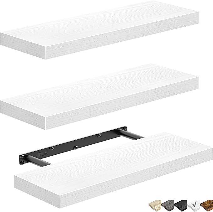 QEEIG Floating Shelves for Wall Bathroom Shelf Bedroom Kitchen Living Room Hanging Book Shelves Small Farmhouse Decor 16 inch Set of 3, White (015-W3)-Ruum Studio Home