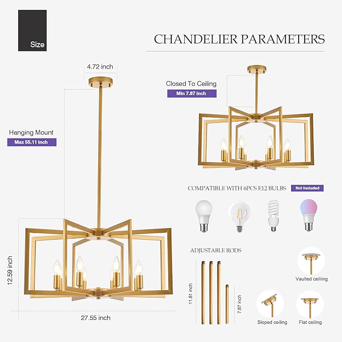 Modern Farmhouse Gold Chandeliers for Dining Room, 8-Light Industrial Metal Chandeliers Geometric Pendant Lights Kitchen Island for Entryway Stairway Foyer Hallway-Ruum Studio Home