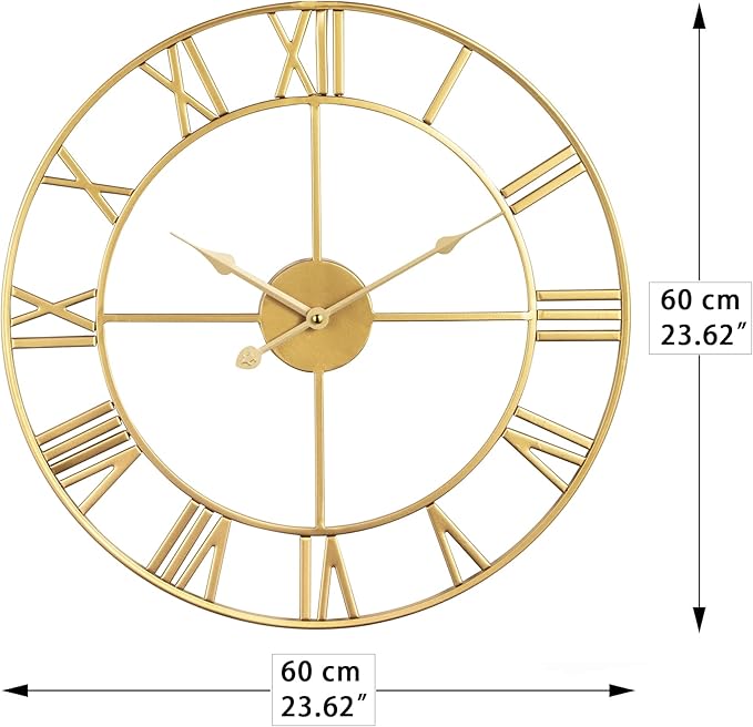 LEIKE Large Modern Wall Clocks,24" Gold Metal,Rustic,Round,Silent Non Ticking,Battery Operated Roman Numerals Clock for Living Room/Bedroom/Kitchen Wall Decor-(Gold, 60cm)-Ruum Studio Home