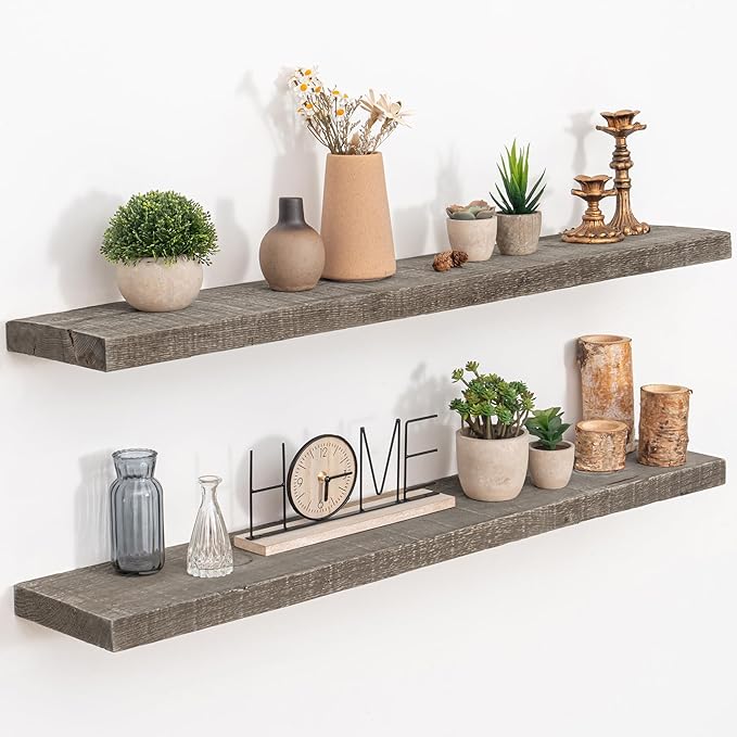 Floating Shelves Reclaimed Barnwood, 8" Deep Solid Wood Floating Shelf Wall Hanging Shelves with Invisible Heavy-Duty Metal Bracket | Wall Mounted | Farmhouse Style | 40 inches,2PCS,Grey-Ruum Studio Home