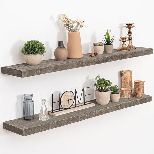Floating Shelves Reclaimed Barnwood, 8" Deep Solid Wood Floating Shelf Wall Hanging Shelves with Invisible Heavy-Duty Metal Bracket | Wall Mounted | Farmhouse Style | 40 inches,2PCS,Grey-Ruum Studio Home