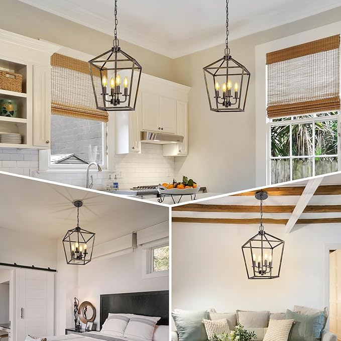 4 Light Chandelier Lighting, Industrial Ceiling Light Black Lantern with Brushed Gold, Geometric Metal Hanging Light Fixture with Adjustable Chain, E12 Base for Entryway Kitchen Island, Indoor Use-Ruum Studio Home