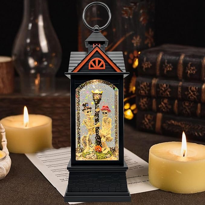 Halloween Snow Globe Lantern with 6 Hour Timer,Halloween Decorations Indoor for Home,Halloween Decor,USB or Battery Powered for Halloween Lanterns,Halloween Skeleton-A-Ruum Studio Home