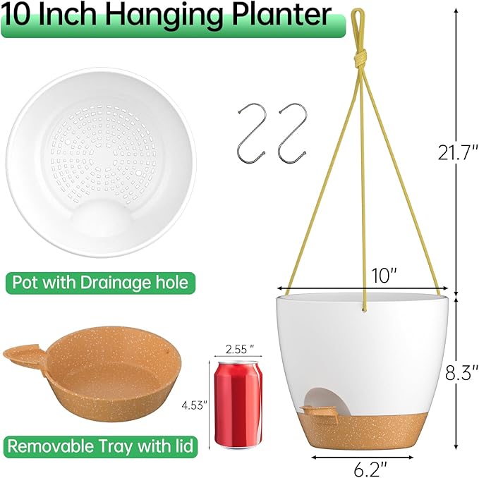 ZMTECH 10 Inch Hanging Planters for Indoor Outdoor Plants, 2 Pack Self Watering Hanging Plant Pots with Drainage Holes and Removable Saucer, Plastic Flower Hanging Pots with Watering Lip (White)-Ruum Studio Home