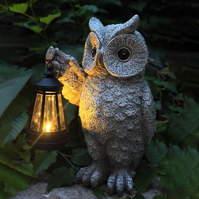 Garden Statues, owl Outdoor Figurines Decorated with Solar Lights, Unique Christmas Birthday Gifts for Moms, Grandmas, Women, Wives, Sisters (Grey Owl1)-Ruum Studio Home