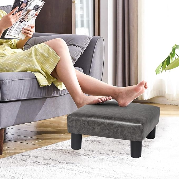 Joveco Small Footstool PU Leather Ottoman Square Footrest Stool Modern Padded Seat Chair for Living Room Bedroom Couch Dogs (Gray)-Ruum Studio Home