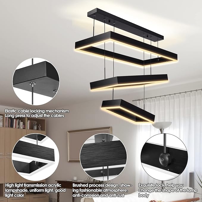Modern 3 Rings Rectangle Chandelier for Living Room - Adjustable Height Luxury Foyer Lighting Fixture for High Ceiling, Hanging Dining Room LED Pendant Light-Ruum Studio Home