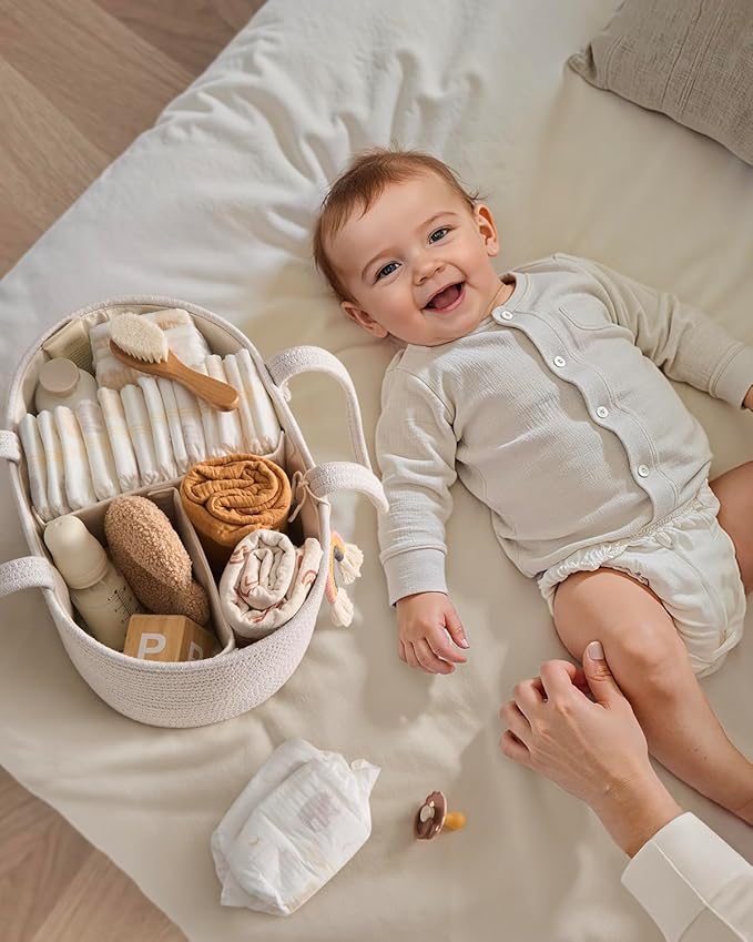 Blissful Diary Baby Diaper Caddy Organizer, Cotton Rope Diaper Caddy Basket, Oval Storage Basket, Gift for Baby Shower, Newborn Essentials, Beige-Ruum Studio Home