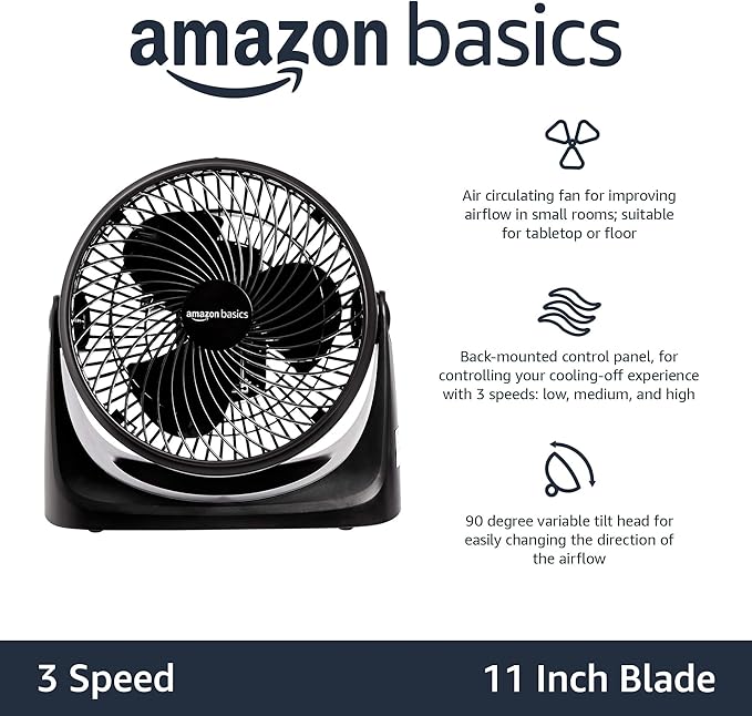 Amazon Basics Air Circulator Fan, Desk Fan for Bedroom, Home and Office, With 90-Degree Tilt Head, 3 Speed Settings, Lightweight (4.2 LBS), 70 Watts, Black, 14.8"Wx7.6"Dx14.1"H-Ruum Studio Home