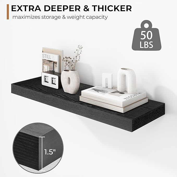 Fun Memories 24 Inch Floating Shelves - Deep Rustic Black Wooden Wall Shelves - Extra Deeper & Thicker Wall Mounted Storage Shelf for Bedroom, Kitchen, Farmhouse - 2 Pack, Rustic Black-Ruum Studio Home