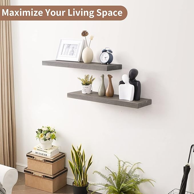 Axeman Floating Shelves for Wall, 24''W x 8'' D Rustic Solid Elm Wood Shelves for Storage, Wall Mounted Display Shelving with Invisible Heavy-Duty Metal Bracket (Grey, 2PCs)-Ruum Studio Home