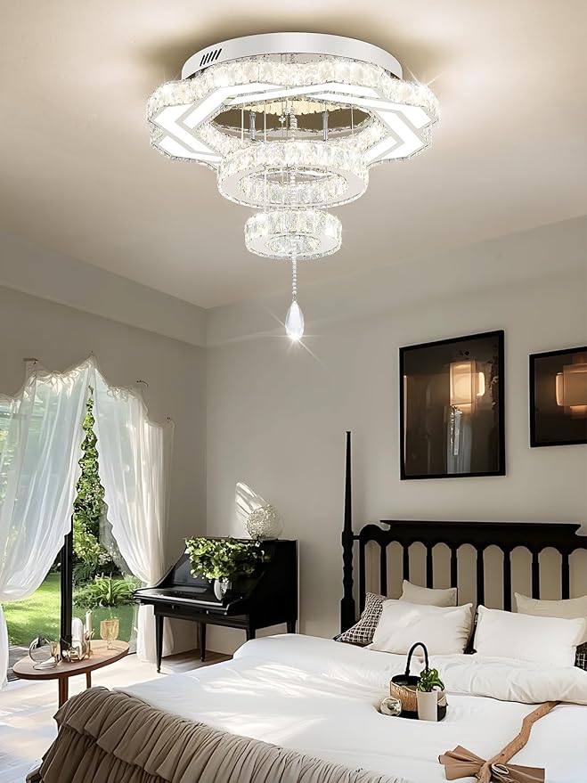 Flashing God Modern Crystal Chandeliers Dia 24" Silver Chandelier Flush Mount Ceiling Light for Bedroom Living Room Dining Room Hallway Dimmable 3 Rings LED Celing Lighting Fixtures-Ruum Studio Home