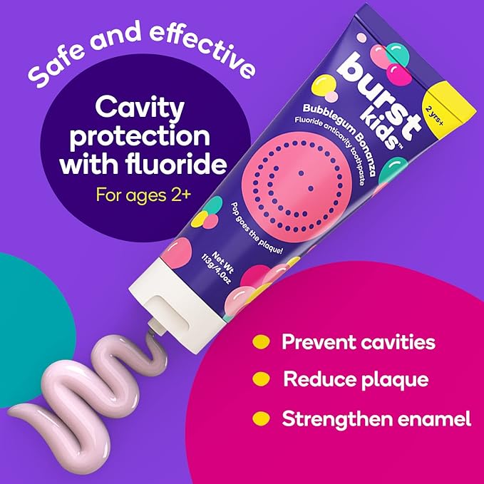 BURST Bubblegum Bonanza Kids Toothpaste with Fluoride (4oz) | Great Tasting | Flavored for Children & Toddlers | Anticavity | Dye Free & Vegan | Safe for Kids Ages 2+-Ruum Studio Home