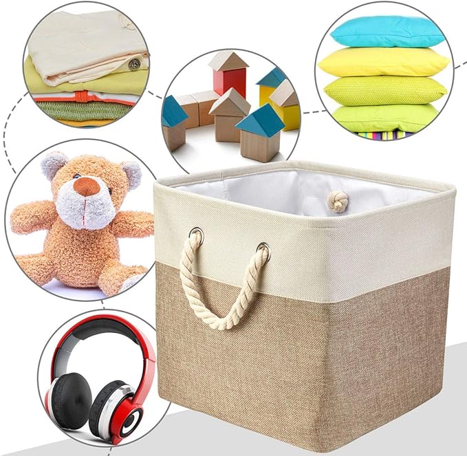 i BKGOO 3Pack Large Foldable Storage Bins，Collapsible Sturdy Cationic Fabric Organizing Storage Basket Cube with Cotton Handles for Home Office Shelf Clothes Toys White-Khaki 13×13×13 inch-Ruum Studio Home