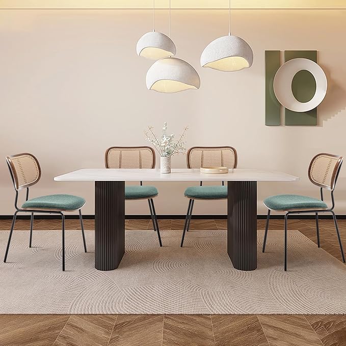 Rattan Dining Chairs Set of 4, Mid Century Modern Dining Chairs with Cane Back for Kitchen Dining Room, 19 Inch Fabric Green-Ruum Studio Home