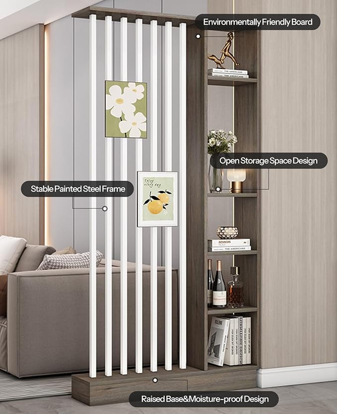 Wall Room Divider, Storage Cabinet Storage Display with Shelves, Modern Freestanding Wood Room Divider Screen, Wall Privacy Screens for Home Decorative (Grey Oak+White,47" L x 9.5" W x 79.5" H)-Ruum Studio Home