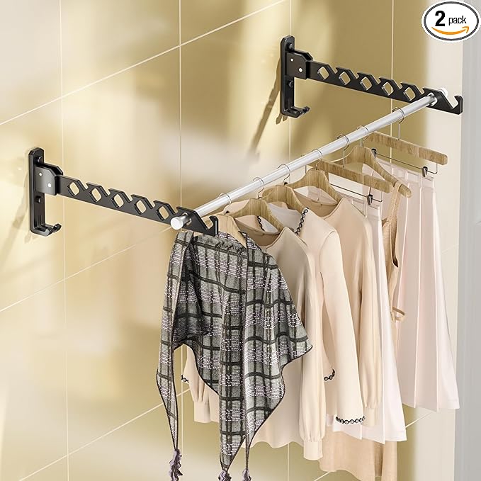 Dr.DJ Wall Mount Coat Hanger Holder Black Clothes Drying Organizer Rack Garment Hooks Aluminium Retractable Folding Indoor Wall Mounted Hanger for Laundry Room Bedroom Black 2Pack with 80cm Rod-Ruum Studio Home