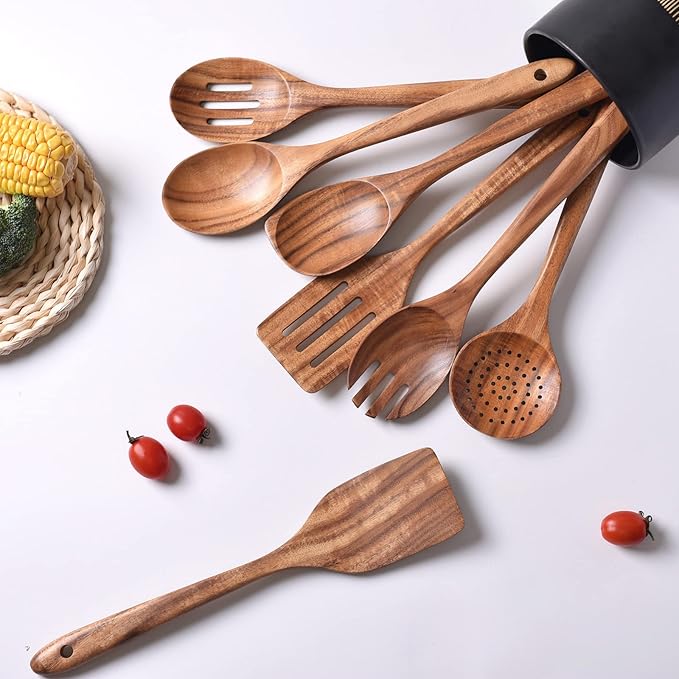 Gudamaye 13 inch Long Wooden Utensils for Cooking, Long Handle Wooden Spoons for Cooking, 7 PCES Crafting Wooden Spoon Set, Wooden Kitchen Utensil set, Natural Teak Wooden utensil Set-Ruum Studio Home