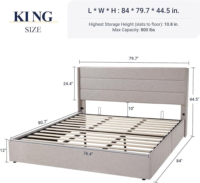 Allewie King Size Lift Up Storage Bed, Modern Wingback Headboard, Hydraulic Support, No Box Spring Needed, Light Beige-Ruum Studio Home