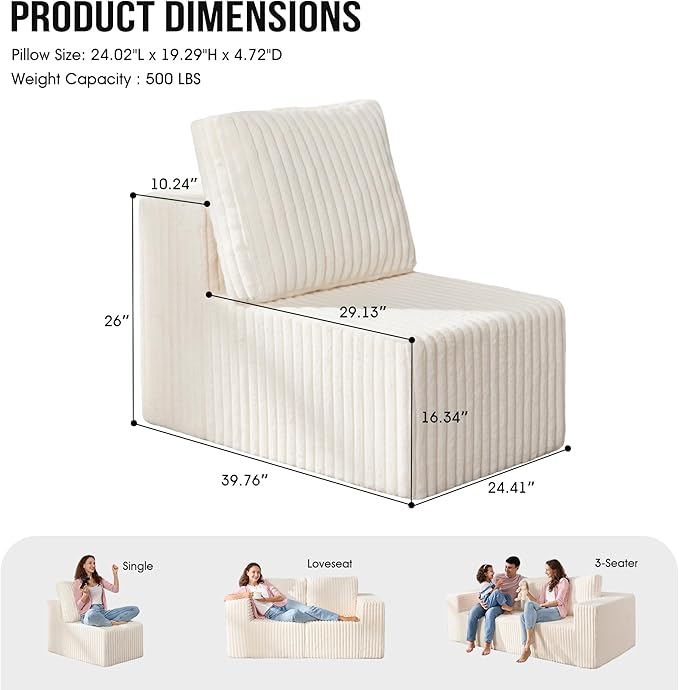 Single Sofa 1 Seat Couch with Deep Seat Memory Foam Cloud Chair with Pillows Large Sofa with L Shape for Living Room Bedroom (Strip White, Single)-Ruum Studio Home