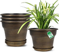 Plant Planters Pots Set of 4 Pack 10 Inch, Plastic Flower Pot for Indoor Plants with Drainage Holes & Trays, Resin Decorative Container Sets with Saucer for House Outdoor Garden Planters Dark Gold-Ruum Studio Home