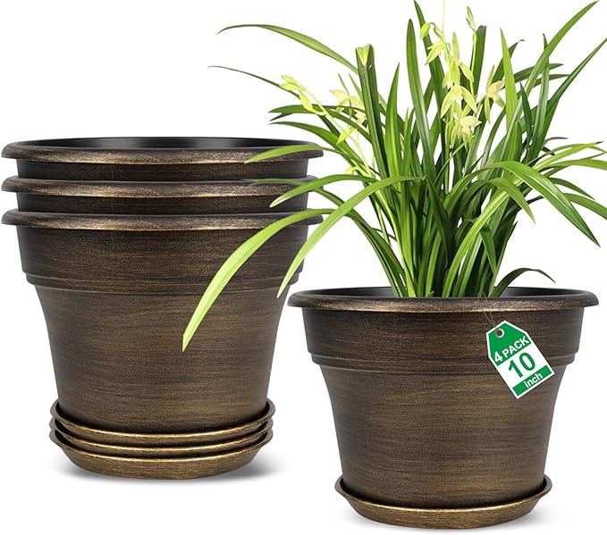 Plant Planters Pots Set of 4 Pack 10 Inch, Plastic Flower Pot for Indoor Plants with Drainage Holes & Trays, Resin Decorative Container Sets with Saucer for House Outdoor Garden Planters Dark Gold-Ruum Studio Home