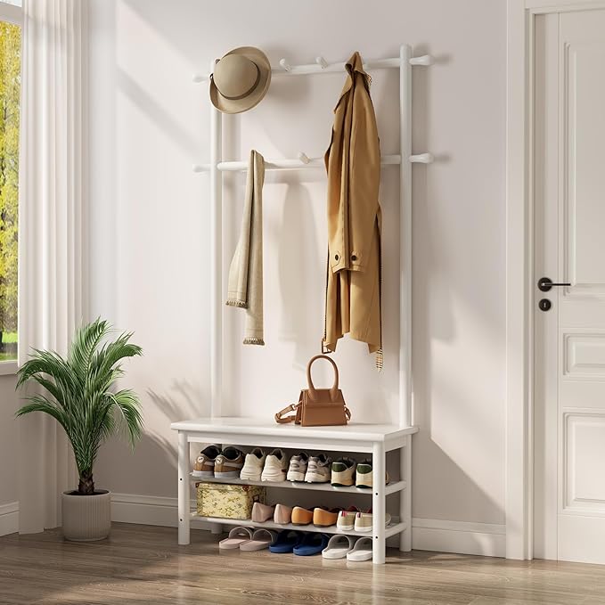 Coat Rack with Shoe Storage, Wooden Hall Tree with Bench, 11 Hooks and 2-Tier Storage Shelves, 3-in-1, Entryway Bench with Coat Rack (31.5"-White)-Ruum Studio Home