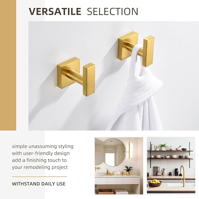 Angle Simple Towel Hooks for Bathroom, SUS 304 Stainless Steel Square Robe Coat Wall Hooks, Hand Towel Holder, Brushed Gold, 2 Pack-Ruum Studio Home