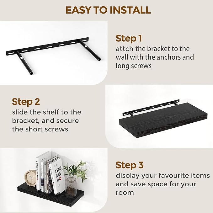 48 Inch Floating Shelves Black, Rustic Wood Floating Shelf Wall Mounted, 9 Inch Deep Floating Shelf for Kitchen, Bedroom, 48 x 9 Wall Shelves for Home Storage, Set of 1-Ruum Studio Home
