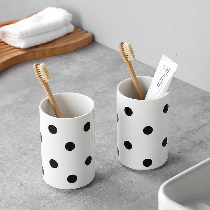 Black Polka Dot Ceramic Toothbrush Holders White - 2 Cups Toothbrush Holders for Bathrooms Toothbrush Toothpaste Holders, White Bathroom Tumbler Cups, Reusable Toothbrush Cups-Ruum Studio Home