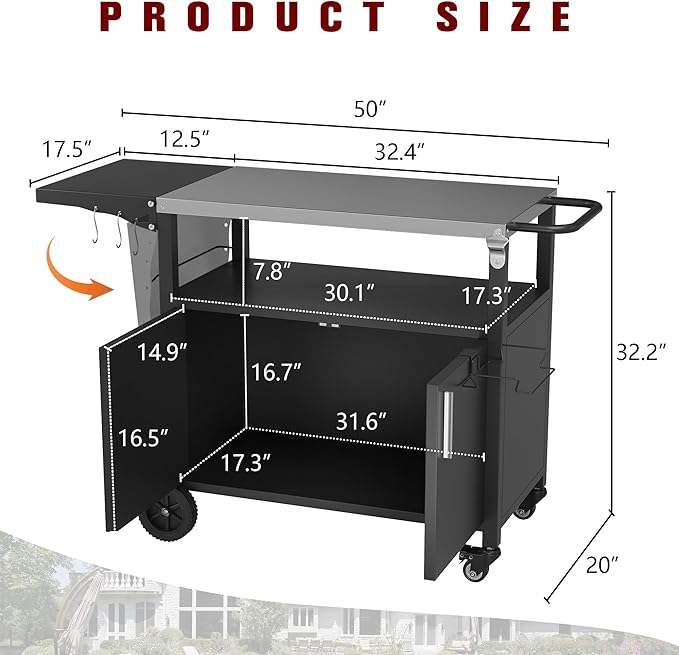 Vongrasig Grill Cart with Storage, Outdoor Bar Cart Rolling BBQ Cart Movable Pizza Oven Table Stand with Foldable Stainless Steel Top & Storage Cabinet, Black-Ruum Studio Home