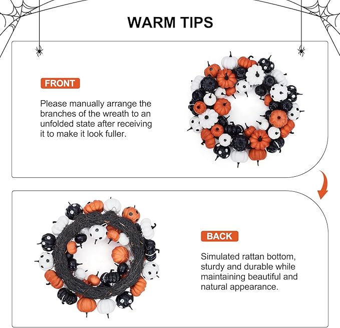 GarveeHome Halloween Pumpkin Wreath for Front Door, 18 Inch Fall Farmhouse Wreath with Orange, Black and White Pumpkins, Rattan Bottom Halloween Indoor Outdoor Home Party Decor-Ruum Studio Home