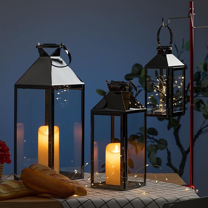 MATICO Stainless Decorative Pinnacle Candle Lantern Set of 3, Hanging Decor Hurricane Lantern Candle Holder for Festival Ceremony Home Decor, Both Indoor & Outdoor Use, Black-Ruum Studio Home