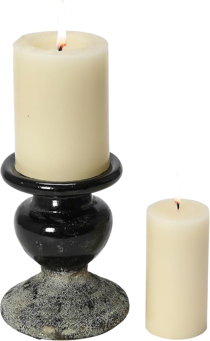 Creative Co-Op 2-Tone Sculptural Terracotta Pillar Candle Holder, Distressed Black-Ruum Studio Home