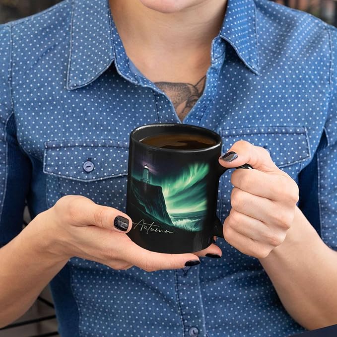 Customized Name Black Coffee Mug, Personalized Beautiful Northern Lights And Lighthouse Mug, Custom Mystical Ocean View Ceramic Cup, Gift For Women Men, Nature Themed Mug 11oz 15oz-Ruum Studio Home