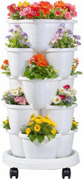 VECELO 5 Tier Vertical Garden Planter, Self Watering Stackable Planters with Wheels for Strawberries, Herbs, Flowers, Vegetables, White-Ruum Studio Home
