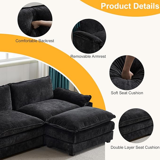 Karl home Sectional Sofa Modular Deep Seat Sofa Couch with Ottoman, Chenille Sofa Sleeper Comfy Upholstered Furniture for Living Room, Apartment, Studio, Office, (3-Seat & 1-Ottoman, Black)-Ruum Studio Home