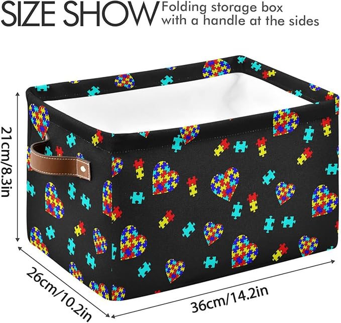 Multicolor Storage Basket Bin Autism Awareness Puzzle Pieces Heart Organizer Collapsible Shelf Cube with Handle for Nursery Bedroom Bathroom-Ruum Studio Home