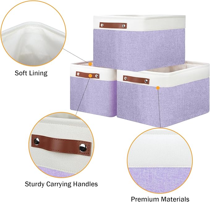 DULLEMELO Storage Baskets for Organizing, Shelves,Bedroom, Decorative Storage Bins with Leather Handles, Fabric Storage Basket for Office, Toys(3-Pack, White&Purple)-Ruum Studio Home