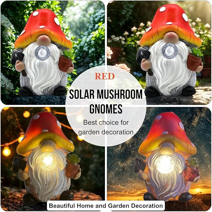 Solar Mushroom Gnomes Garden Statues Outdoor Decor with Night Glow,Cute Fairy Garden Statues for Yard,Pathway,Lawn Art Ornamen,Spring,Easter,Birthday Christmas Women Mom Gift Idea (Red)-Ruum Studio Home