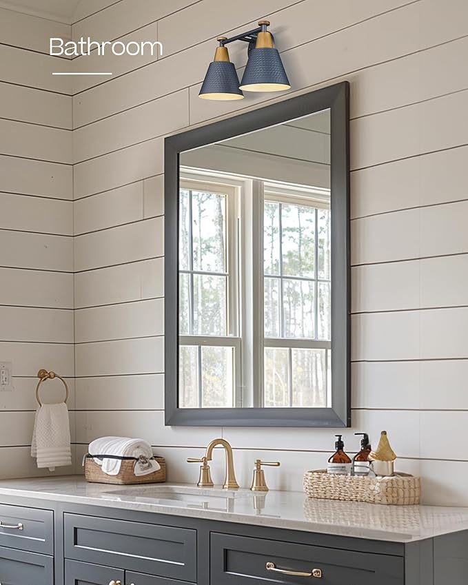 FEMILA 2-Light Bathroom Light Fixtures, Modern Bathroom Vanity Light with Hammered Metal Shade, Dark Blue Sconces Wall Lighting for Mirror Kitchen Bedroom, 4FG59B-2W Blue-Ruum Studio Home