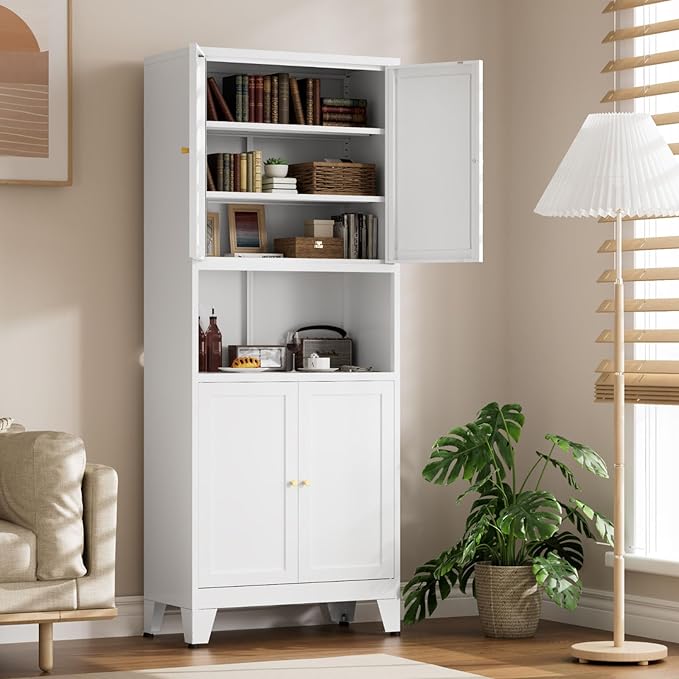 69" Tall Kitchen Pantry Cabinet, Metal Storage Cabinet with 4 Doors and Adjustbale Shelves, Freestanding Cupboards for Dining Room, Living Room, Bathroom-Ruum Studio Home