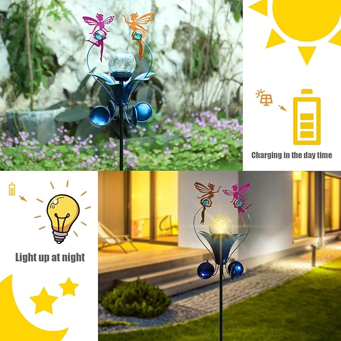 VCUTEKA Solar Lights Outdoor Metal Garden Stake Waterproof Crackle Glass Globe Garden Decor Fairy for Pathway, Lawn, Patio, Yard-Ruum Studio Home