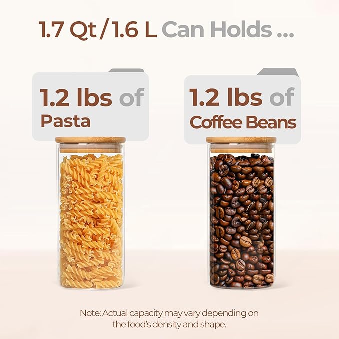 ComSaf 1.7 Qt Glass Storage Containers with Lids, Glass Jars with Lids, Clear Food Storage Jar, Round Canister Set of 3, Pantry Organizers for Pasta Flour Cookie Rice Tea Coffee Bean-Ruum Studio Home